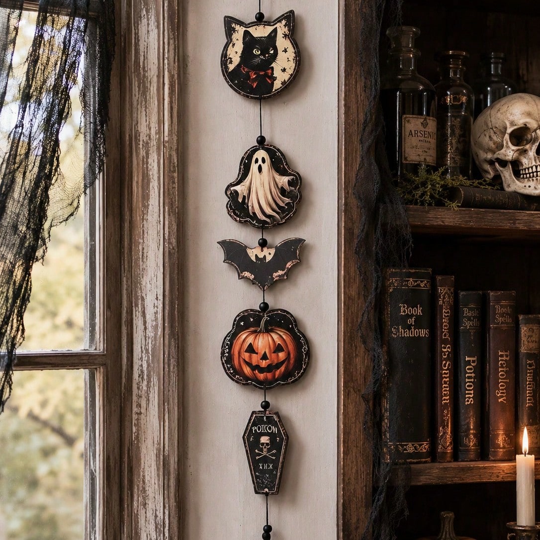 black cat ghost coffin hanging decor - styled photo