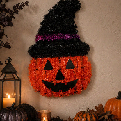 witch hat pumpkin tinsel door hanger - styled photo