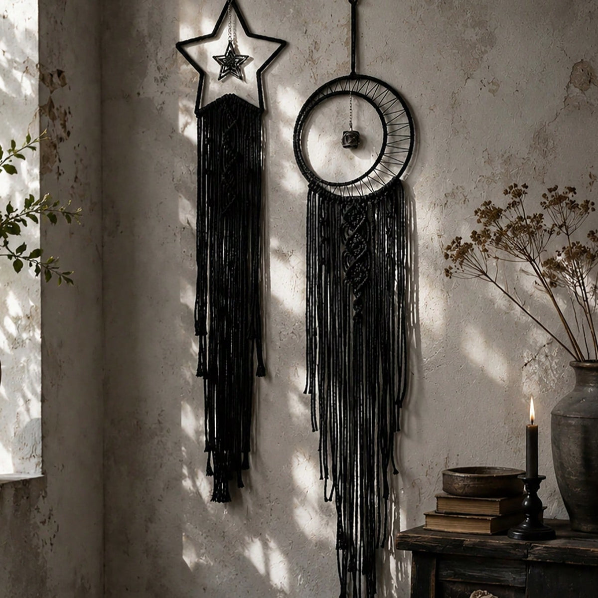 Black macrame moon dream catcher close-up in window sunlight