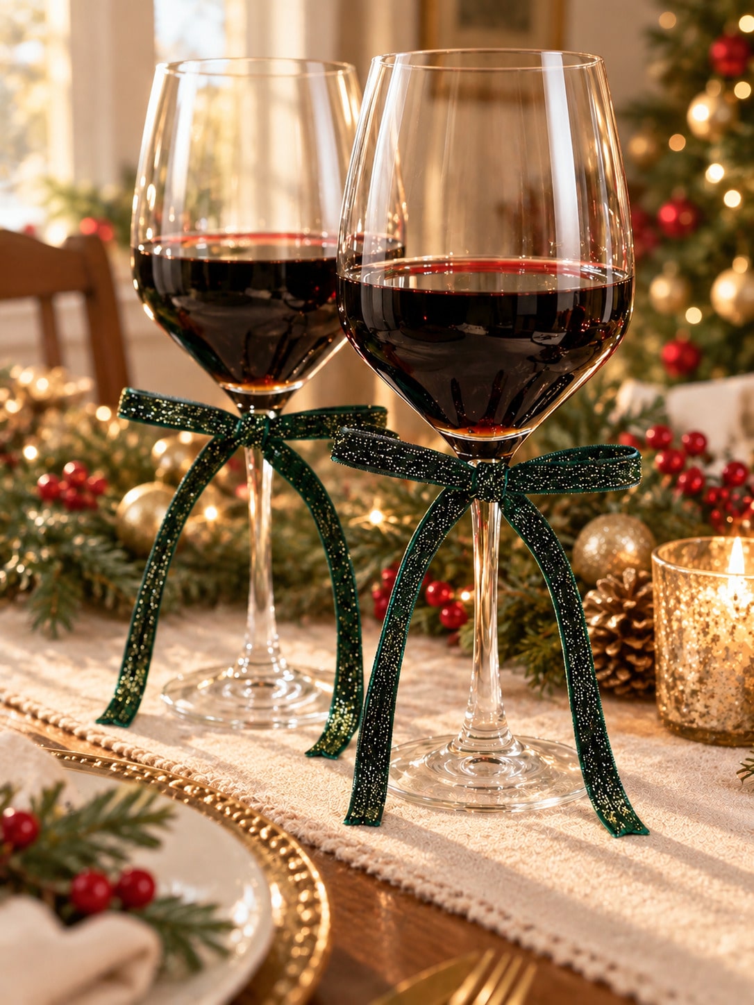 velvet wine glass bows - Green photo 3