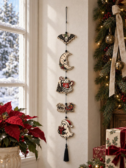 Creepy Christmas skeleton hanging decor by a window with poinsettia