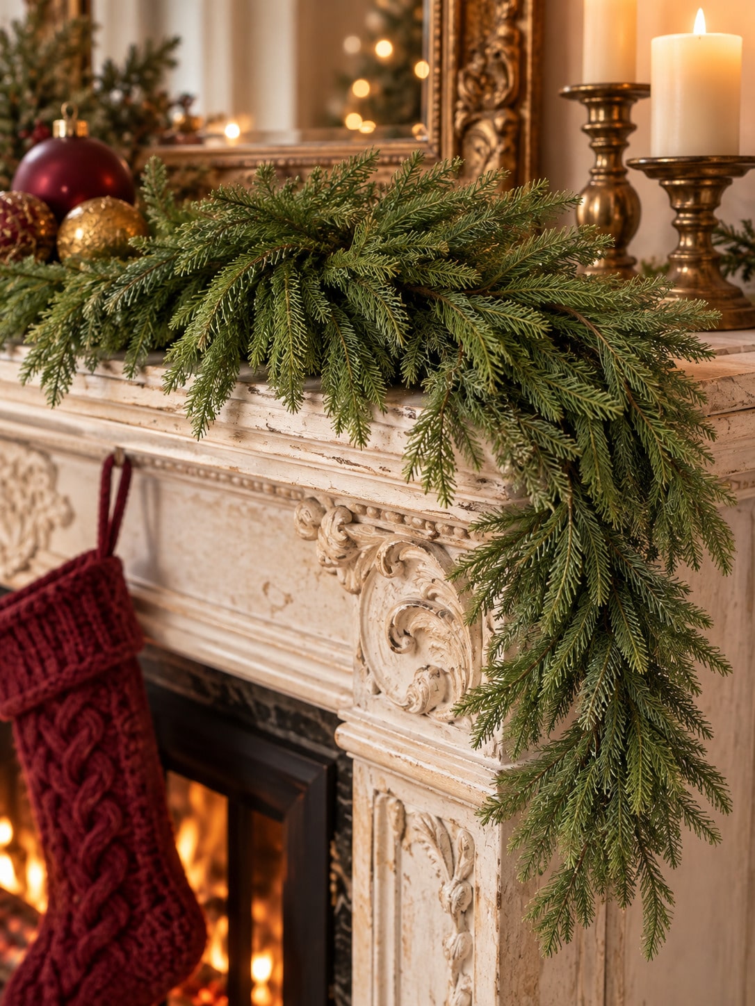 Artificial cedar Christmas swag draped over a mantel with stocking
