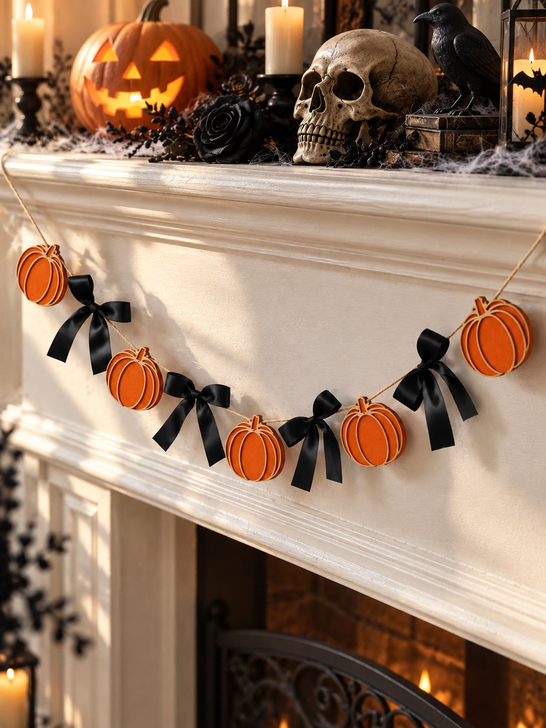 Pumpkin garland with black bows on a mantel with jack-o-lantern