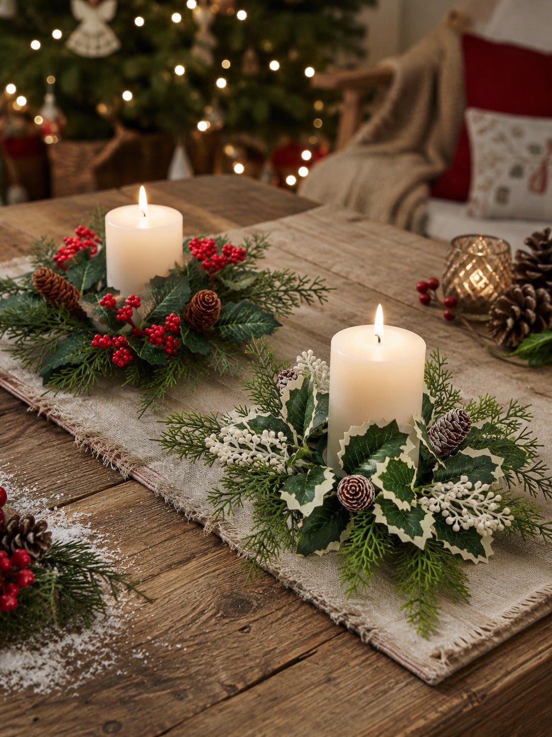 Christmas candle ring wreath on a table runner with candles