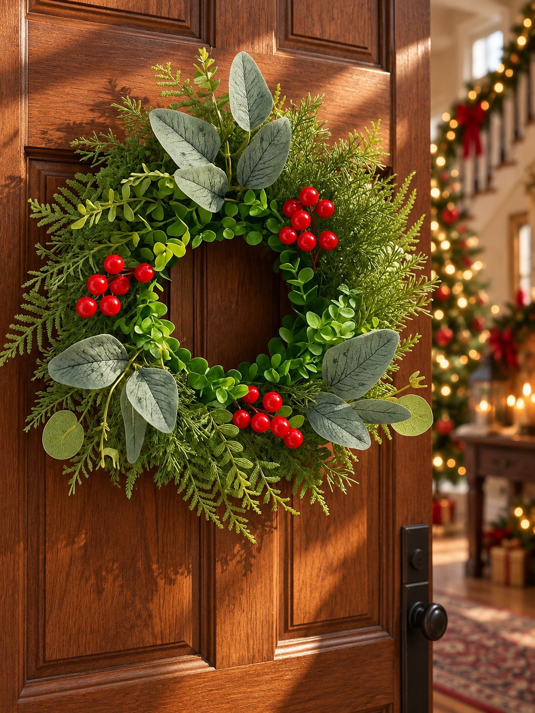 Eucalyptus and red berry Christmas wreath on a wooden door by a Christmas tree