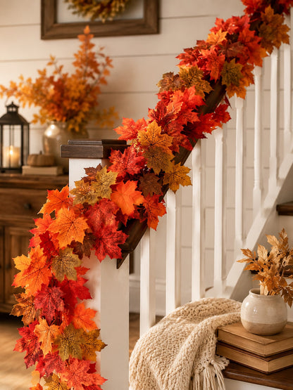 Artificial maple leaf garland on a staircase railing