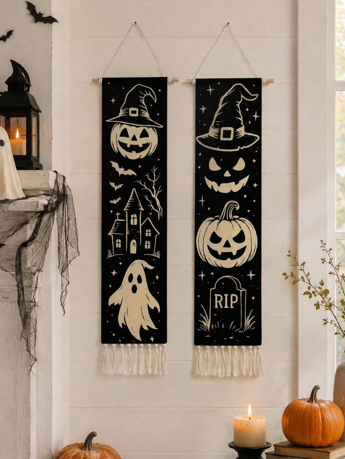 Vintage Halloween tassel wall hanging pair on a wall with pumpkins