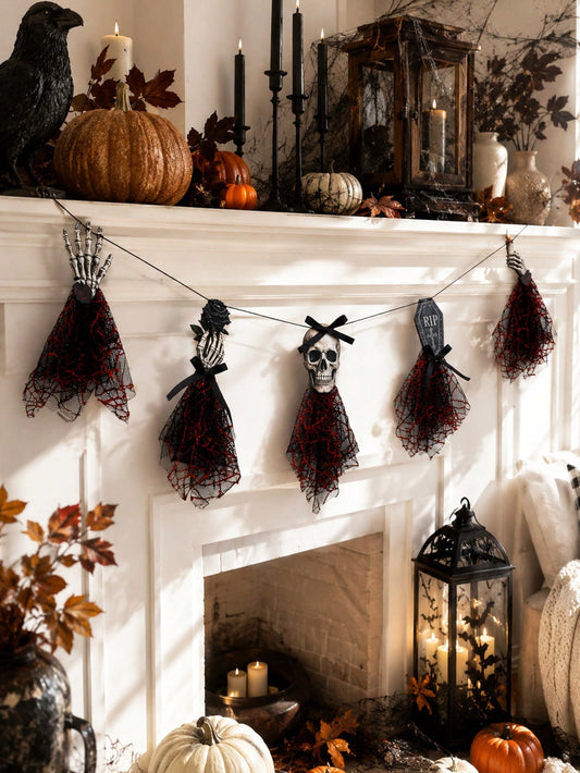 Gothic skeleton Halloween banner on a mantel with autumn leaves