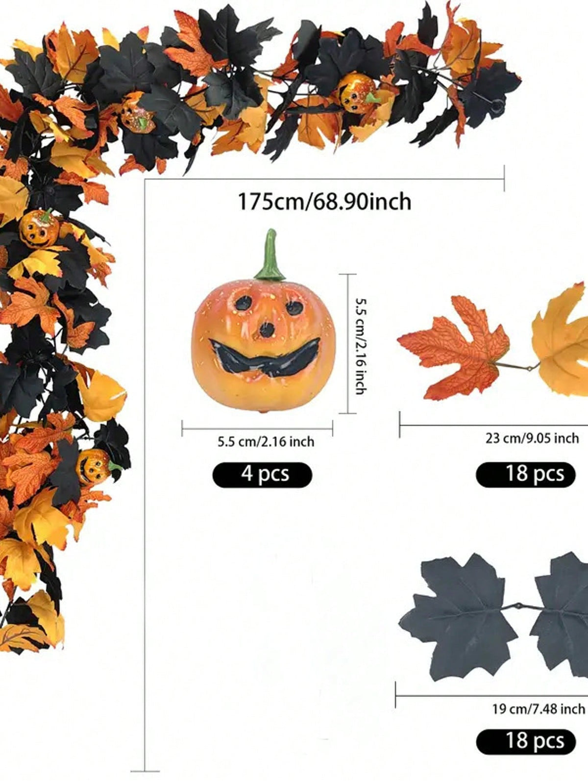 Halloween maple leaf garland size chart with pumpkin and leaf details