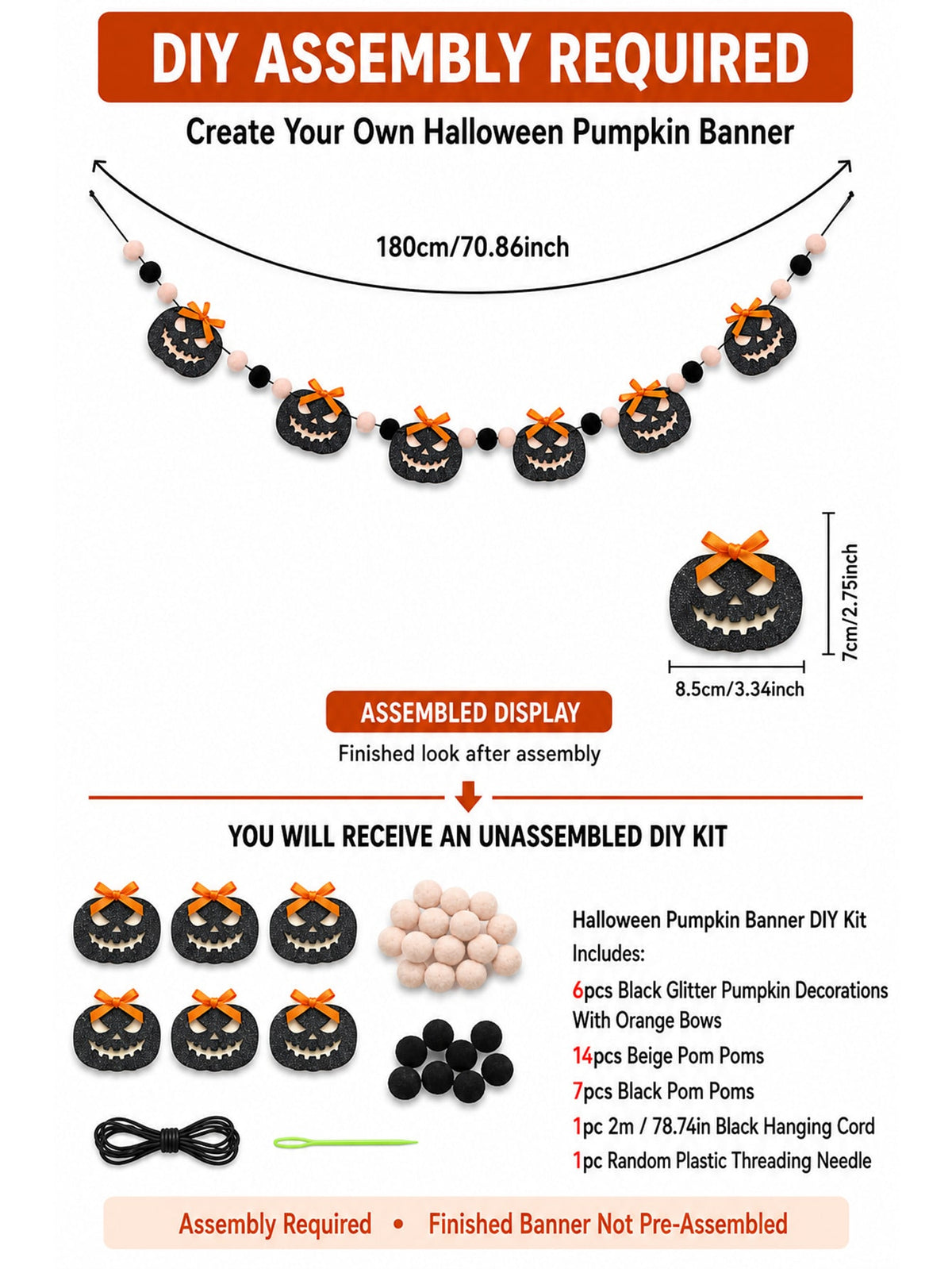 jack-o-lantern pom pom Halloween banner - photo 3