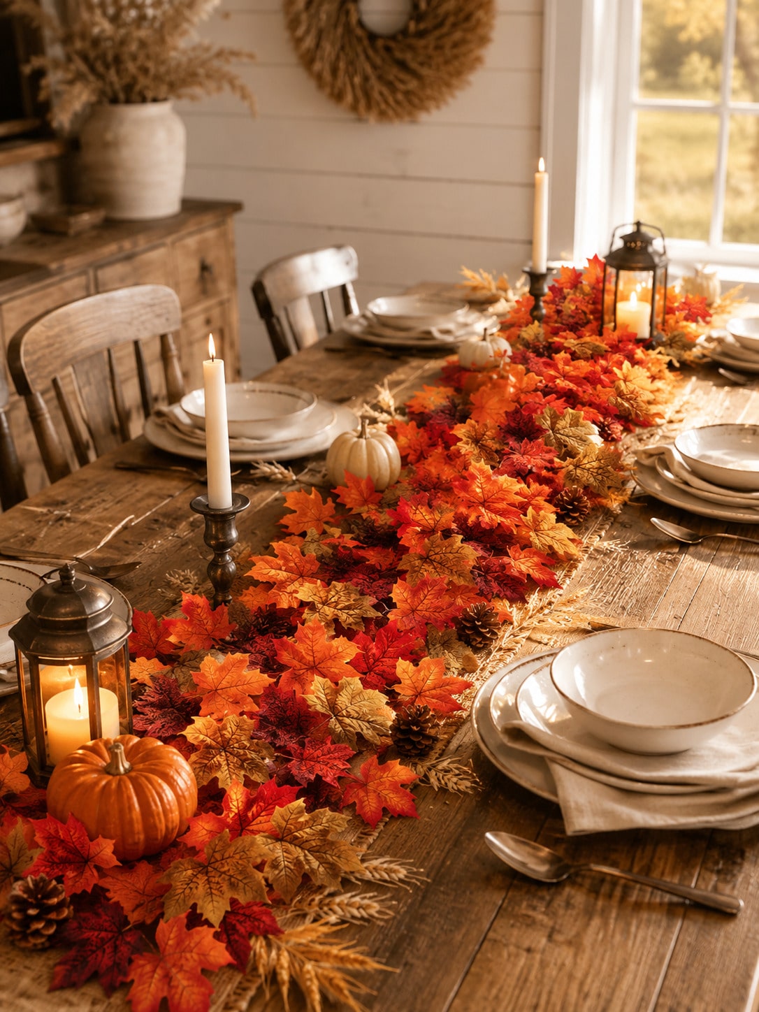 Artificial maple leaf garland as a Thanksgiving table centerpiece