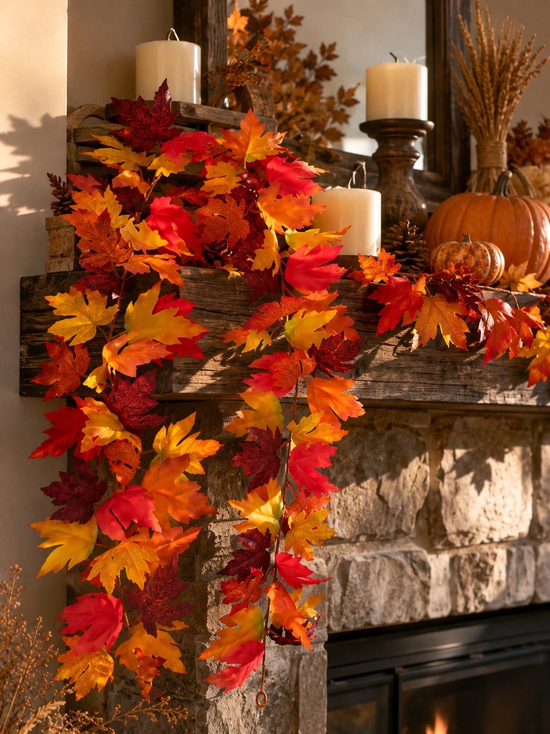 Fall maple leaf garland draped over a fireplace mantel