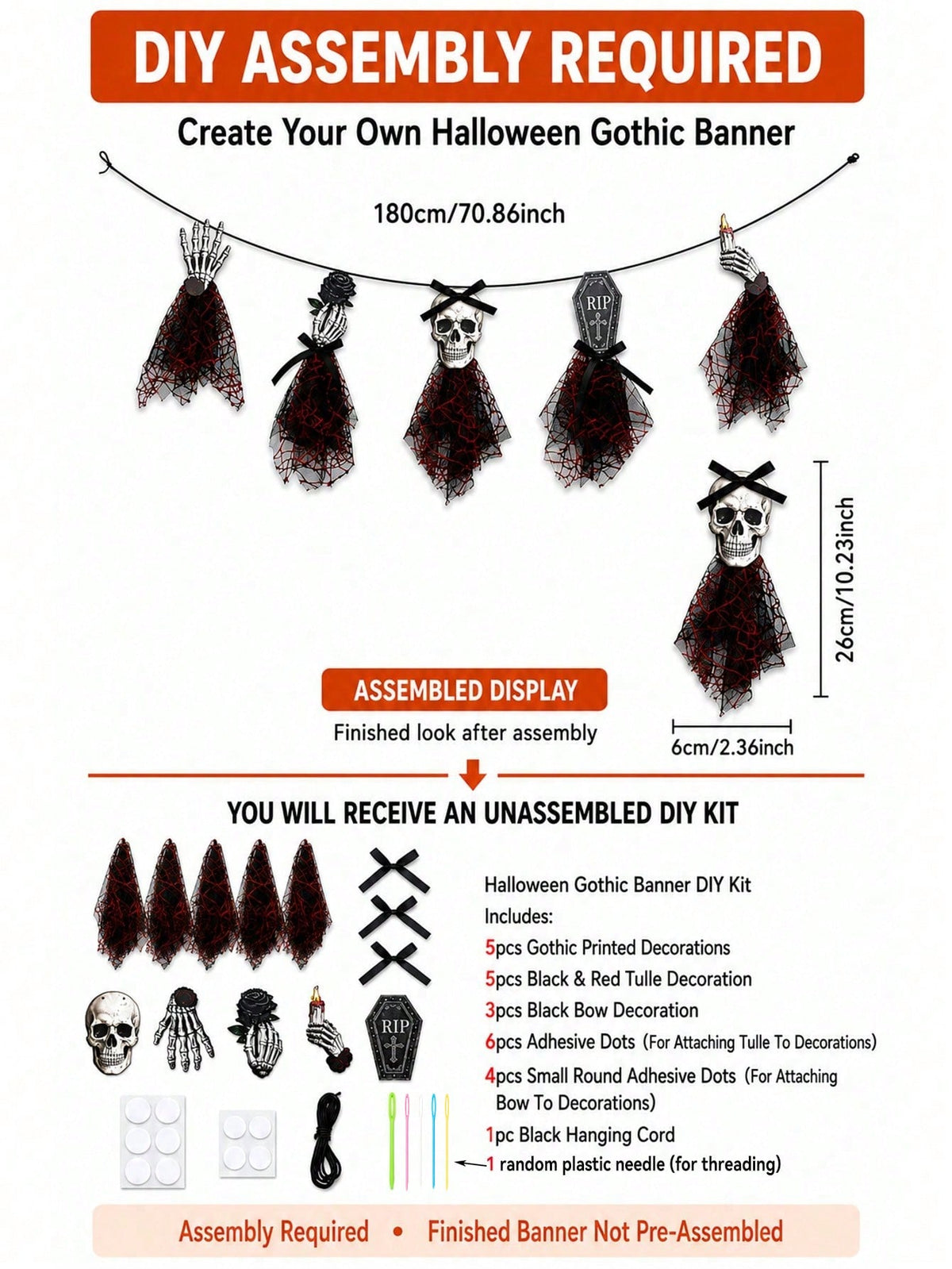 Gothic skeleton Halloween banner DIY kit contents and 180 cm size chart