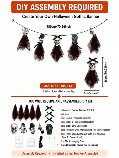 Gothic skeleton Halloween banner DIY kit contents and 180 cm size chart