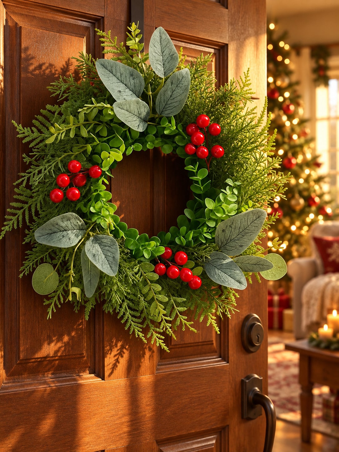 Eucalyptus and red berry Christmas wreath on an interior wooden door