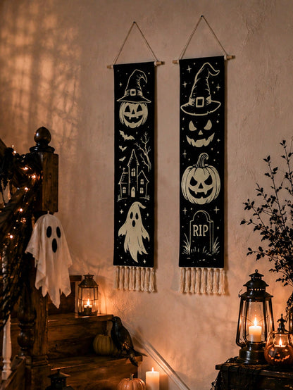 Vintage Halloween tassel wall hanging pair in warm evening light