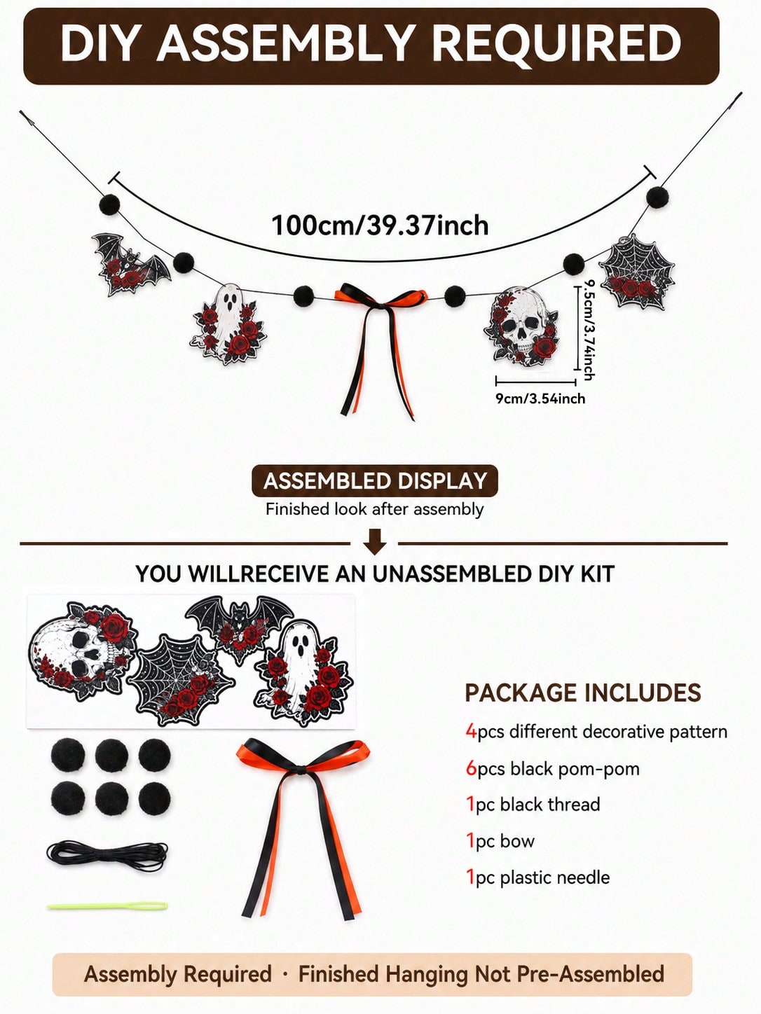 Gothic skull Halloween garland with roses DIY kit contents and 100 cm size chart