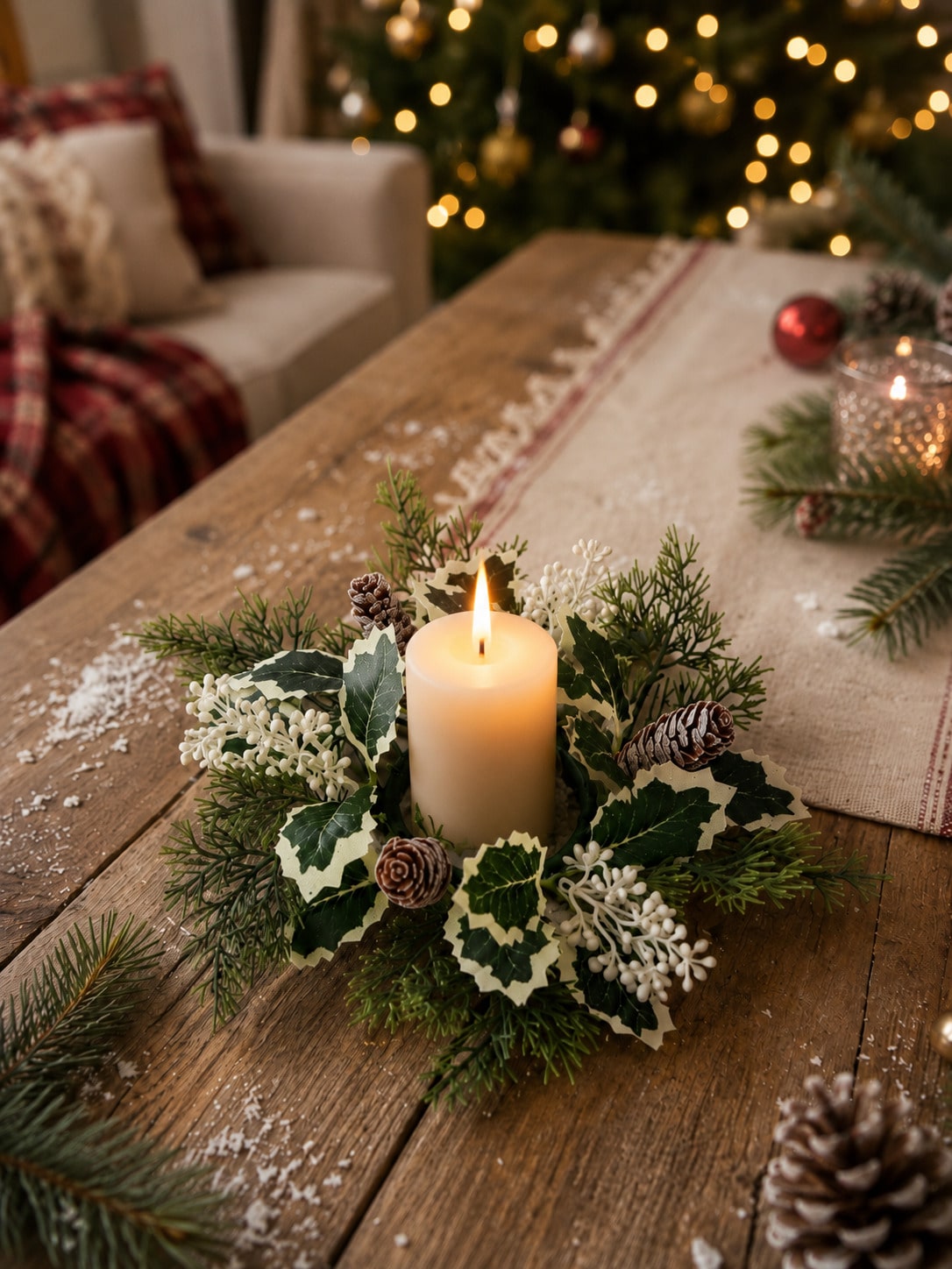 Christmas candle ring wreath variegated holly style with candle
