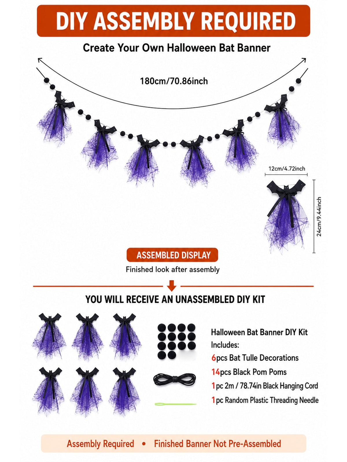 Purple bat Halloween banner DIY kit contents and 180 cm size chart