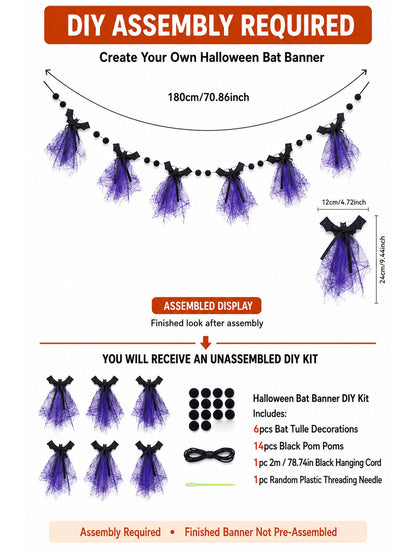 Purple bat Halloween banner DIY kit contents and 180 cm size chart