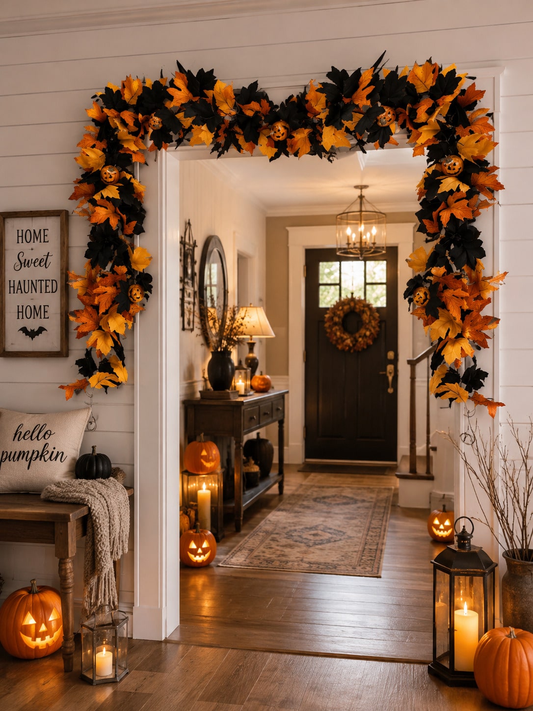 Halloween maple leaf garland framing a hallway doorway