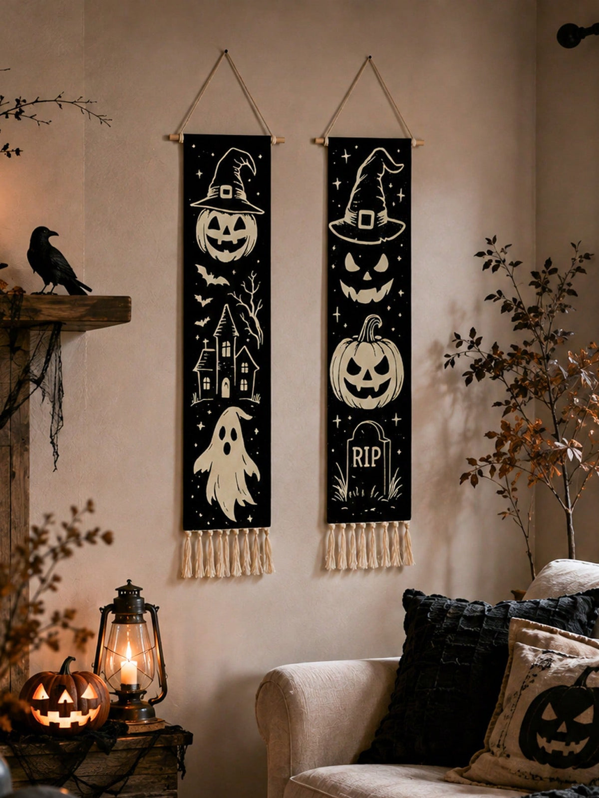 Vintage Halloween tassel wall hanging pair in a living room