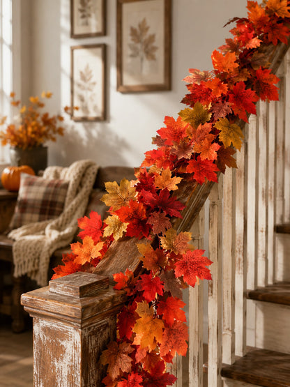 Artificial maple leaf garland wrapped on a staircase banister