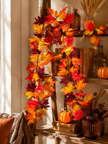 Fall maple leaf garland on kitchen shelves