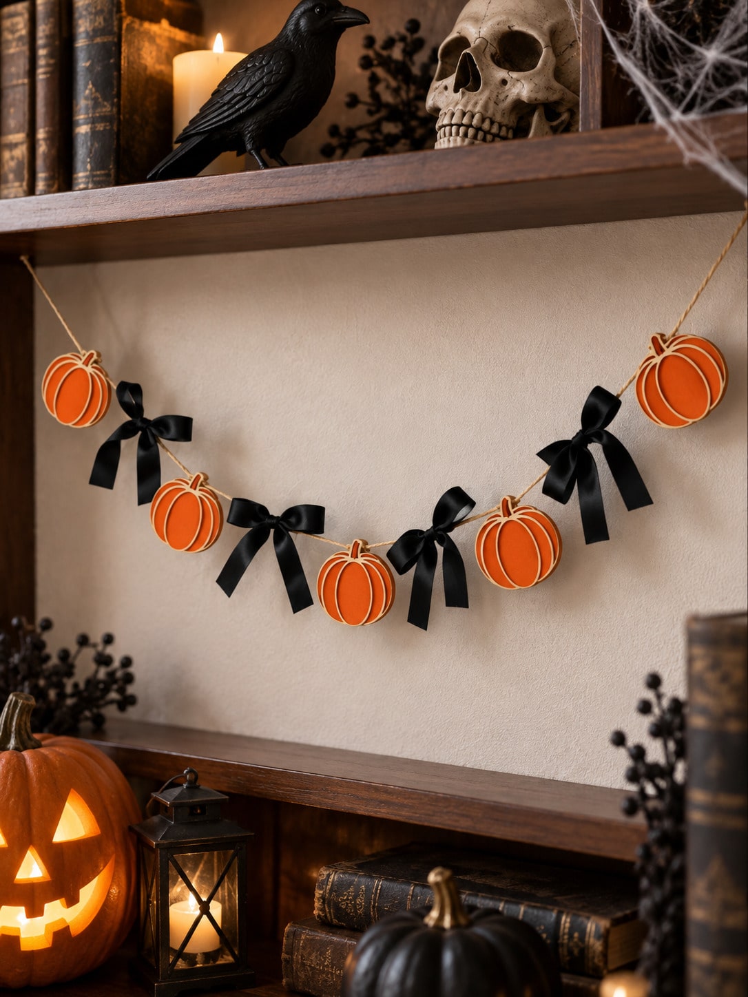 Pumpkin garland with black bows on a wall with jack-o-lantern