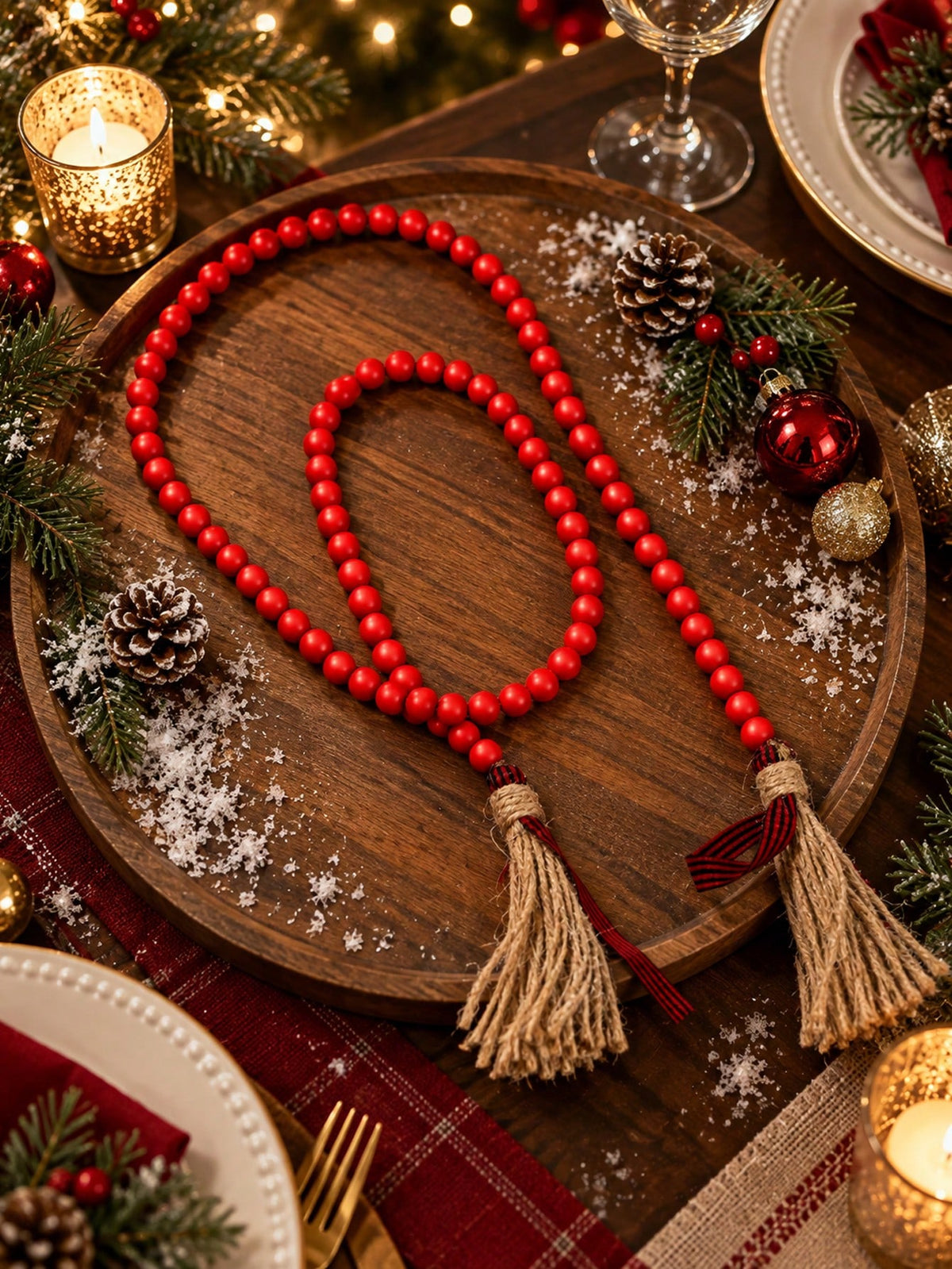 wood bead garland with tassels - Red photo 5