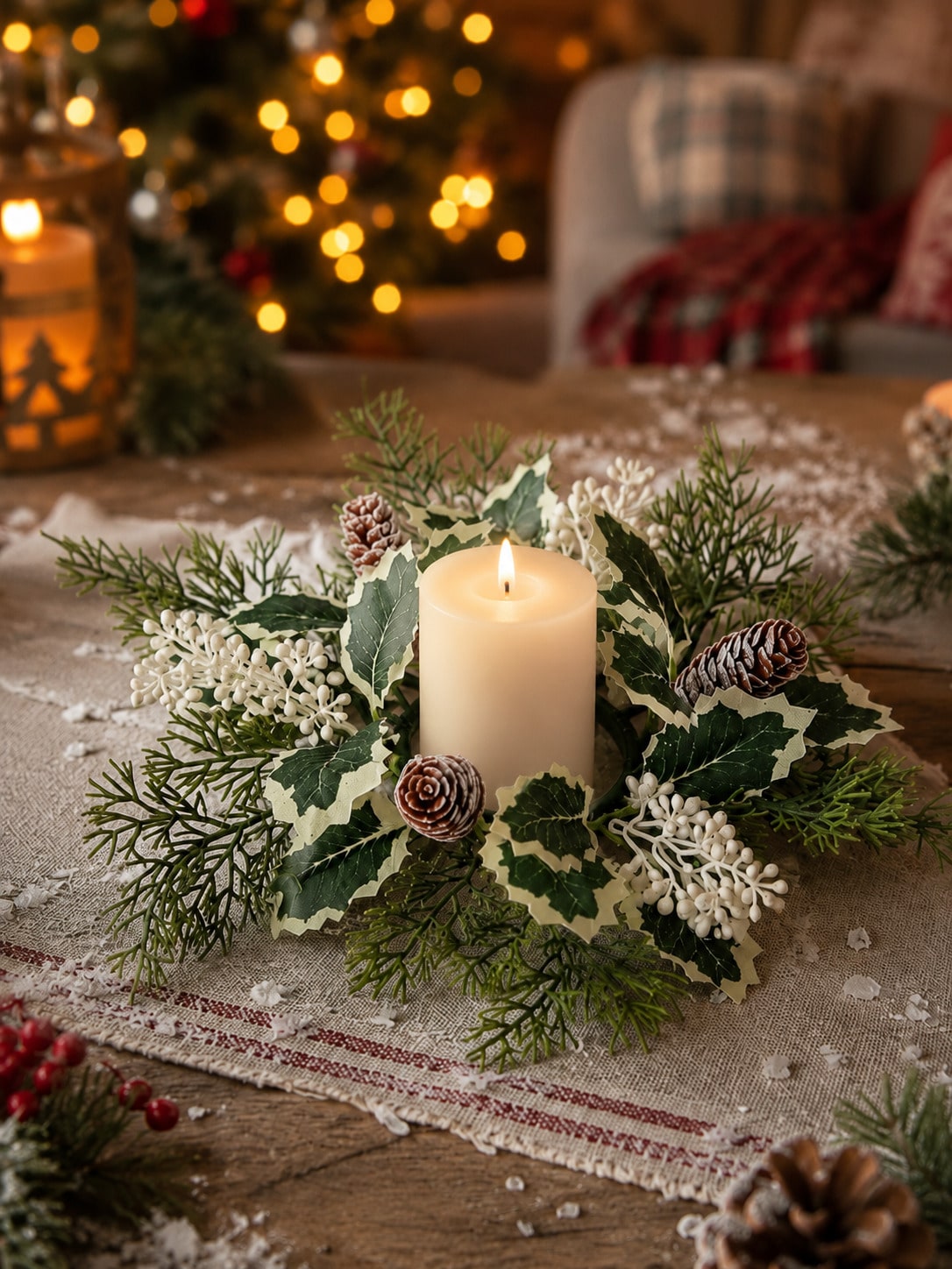 Christmas candle ring wreath variegated holly style on a table