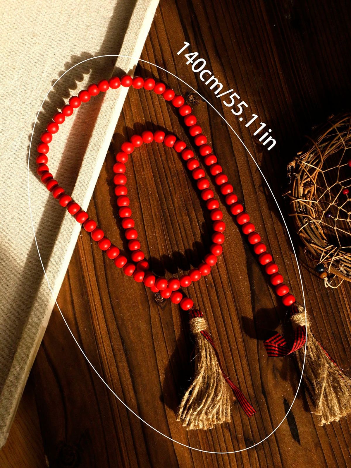 wood bead garland with tassels - Red