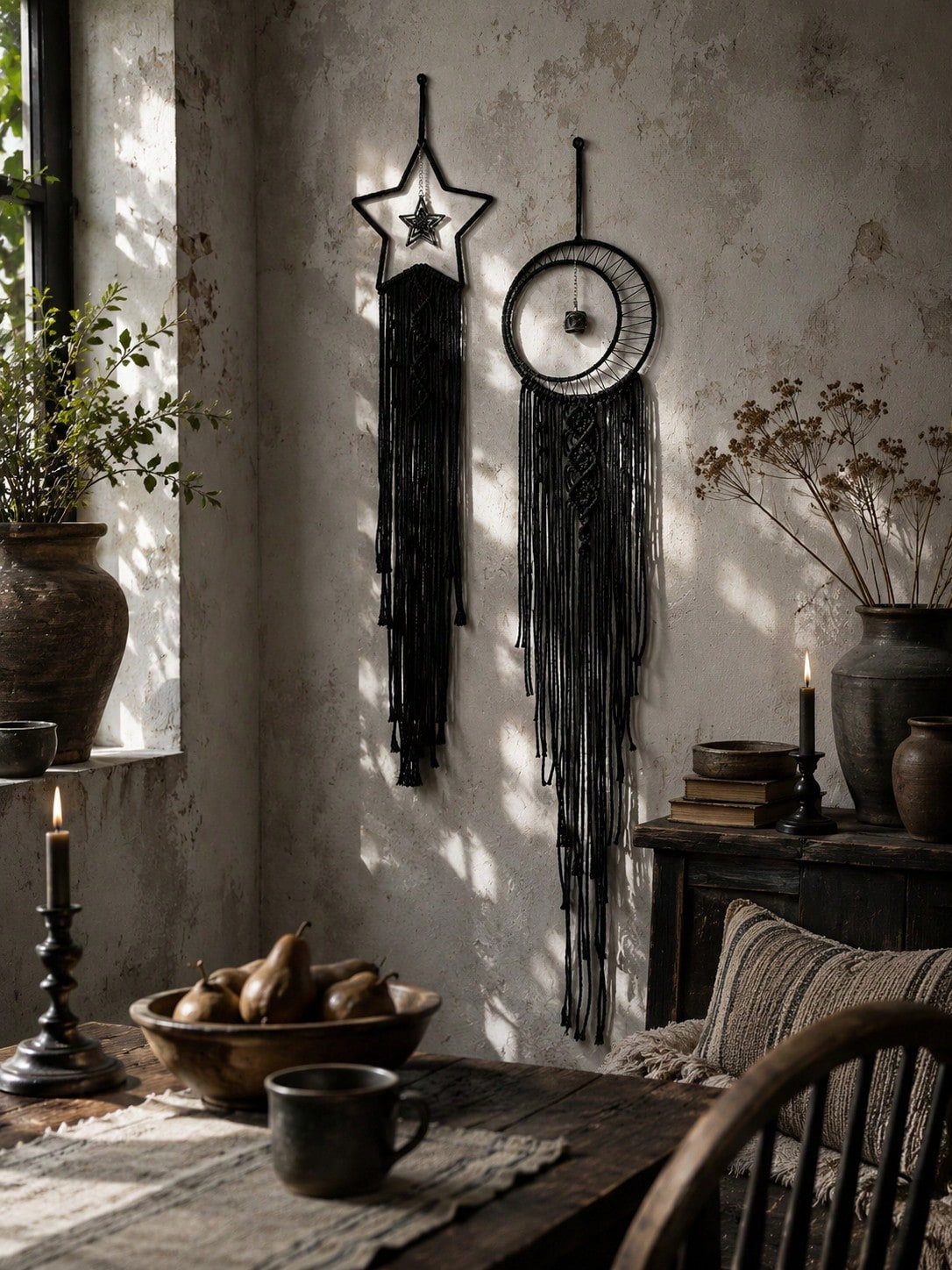 Black macrame moon dream catcher pair above a table with plants