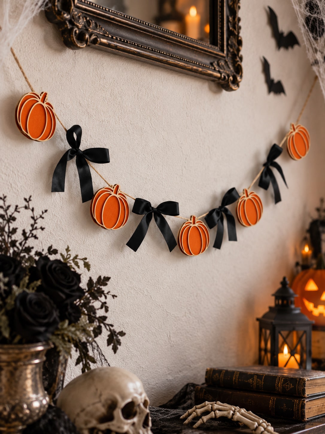 Pumpkin garland with black bows on a wall with skull decor