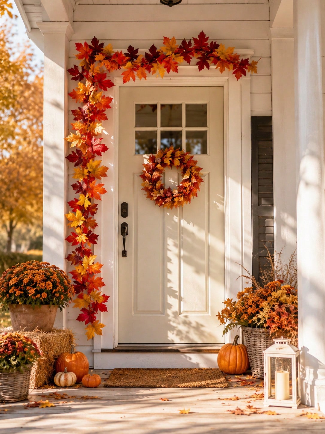 Fall maple leaf garland framing a porch door with wreath
