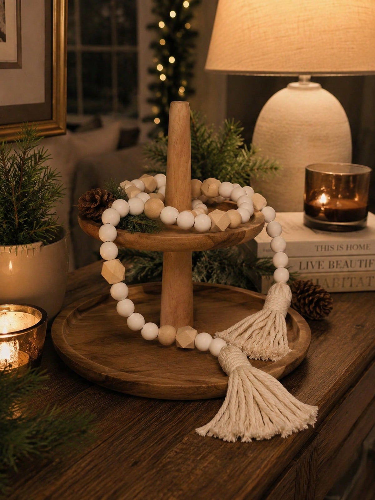 geometric wood bead garland - Cream & Natural photo 6