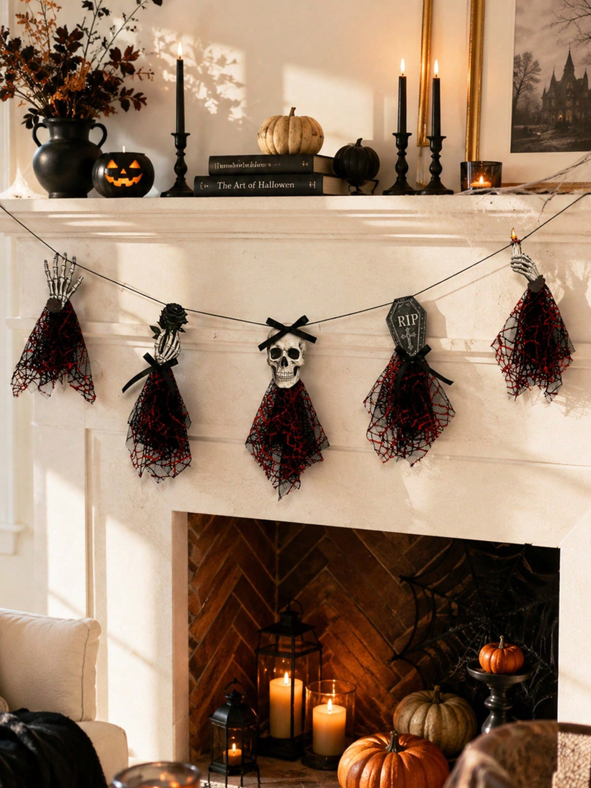 Gothic skeleton Halloween banner hung over a fireplace