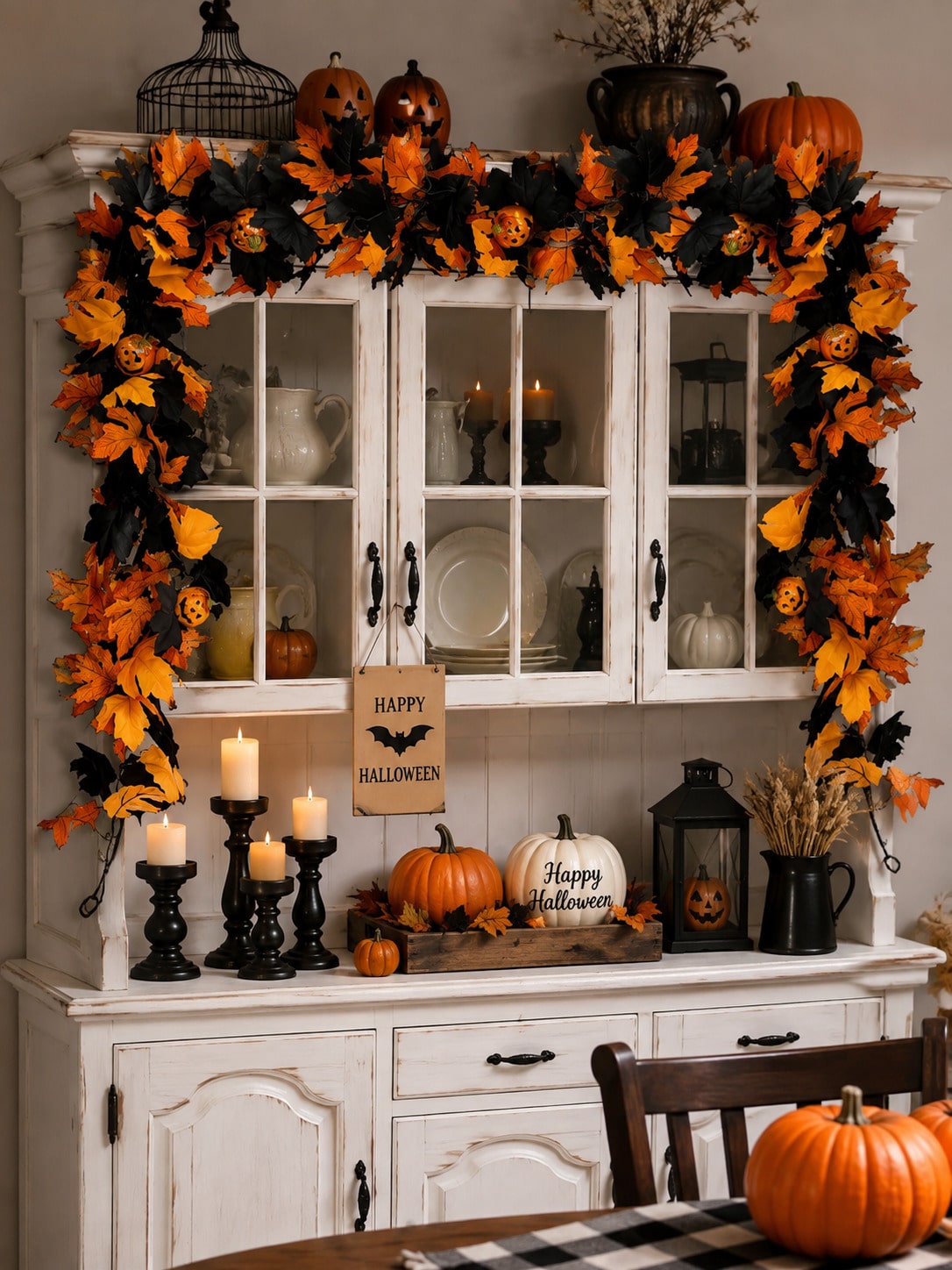Halloween maple leaf garland arched over a kitchen hutch