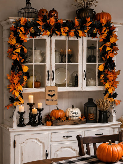 Halloween maple leaf garland arched over a kitchen hutch