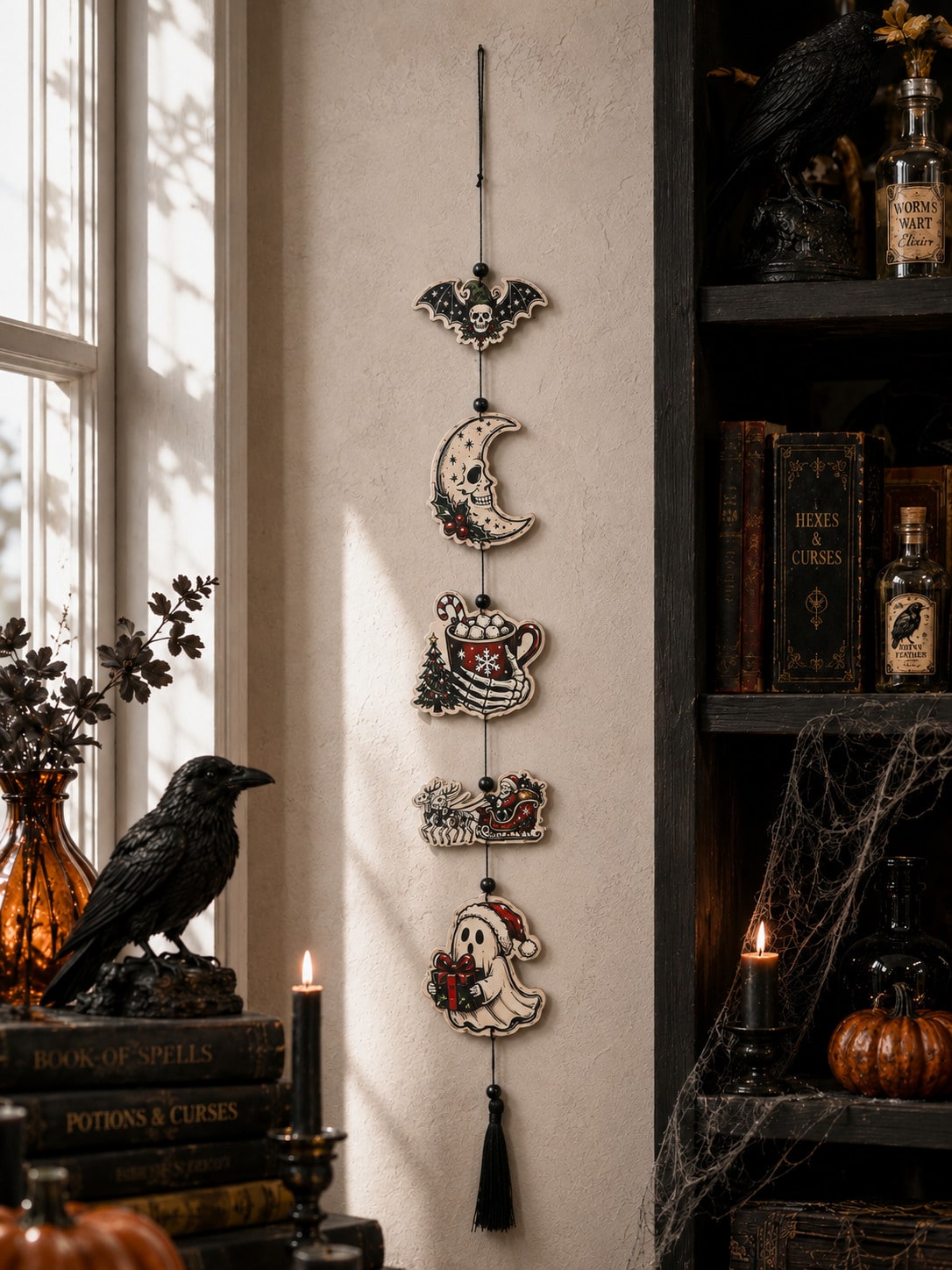 Creepy Christmas skeleton hanging decor beside a bookshelf with raven