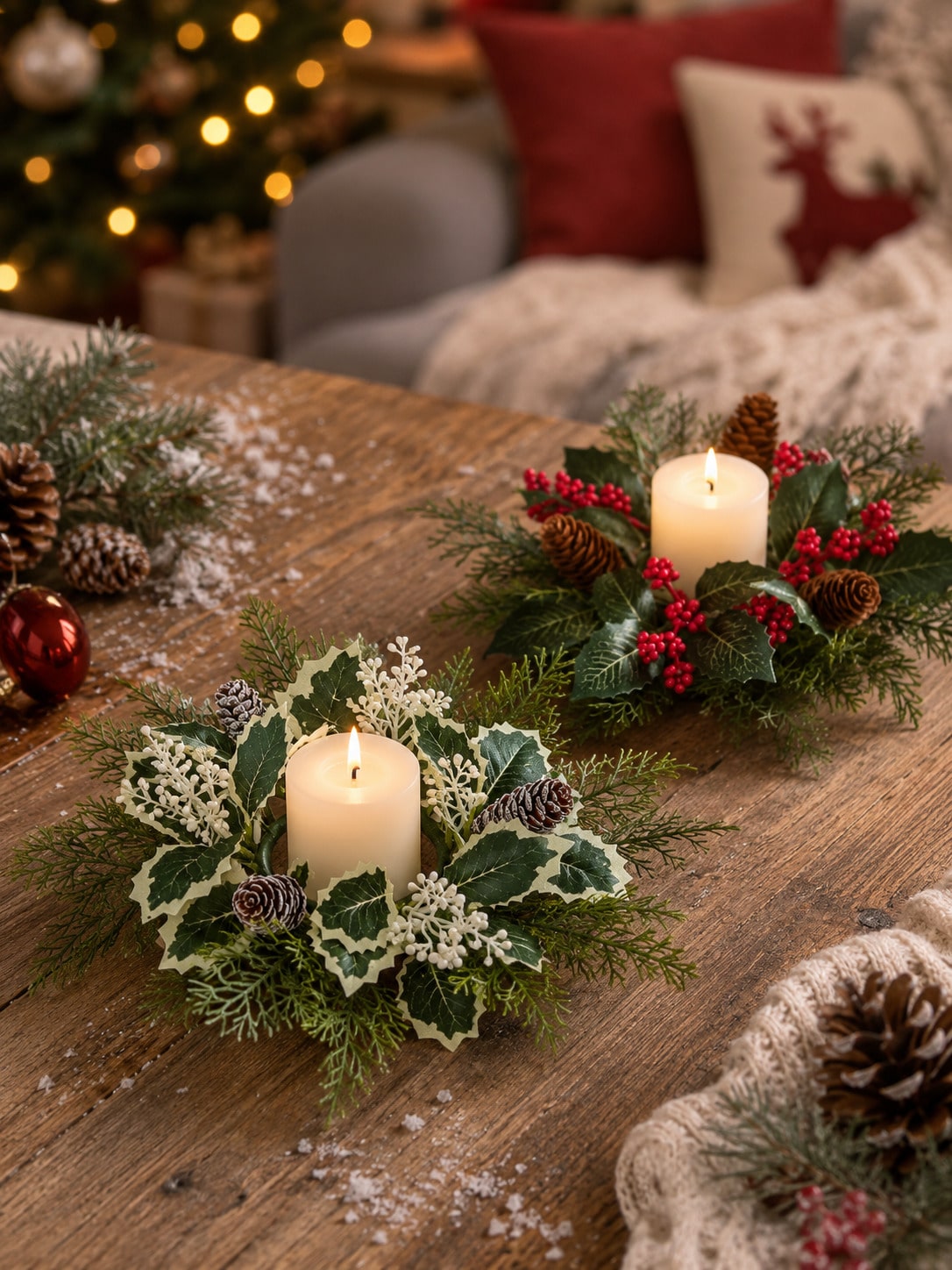 Christmas candle ring wreath pair with pinecones