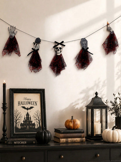 Gothic skeleton Halloween banner on a wall above a console with lantern