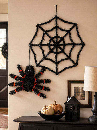 black tinsel spider web decoration - photo 7