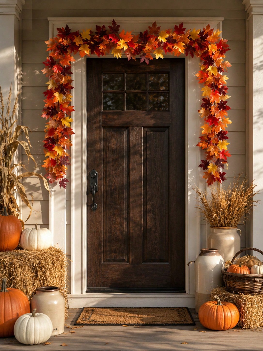 Fall maple leaf garland framing a dark door with hay bales