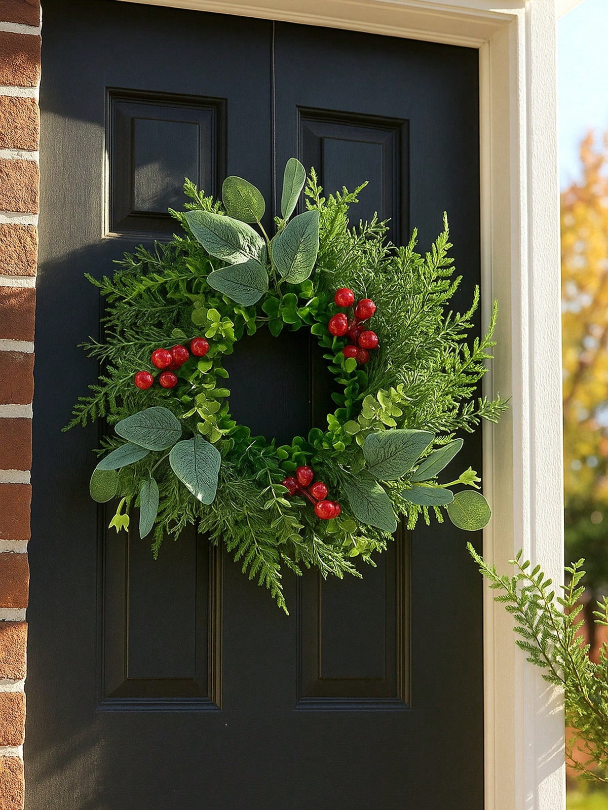 Eucalyptus and red berry Christmas wreath on a black front door
