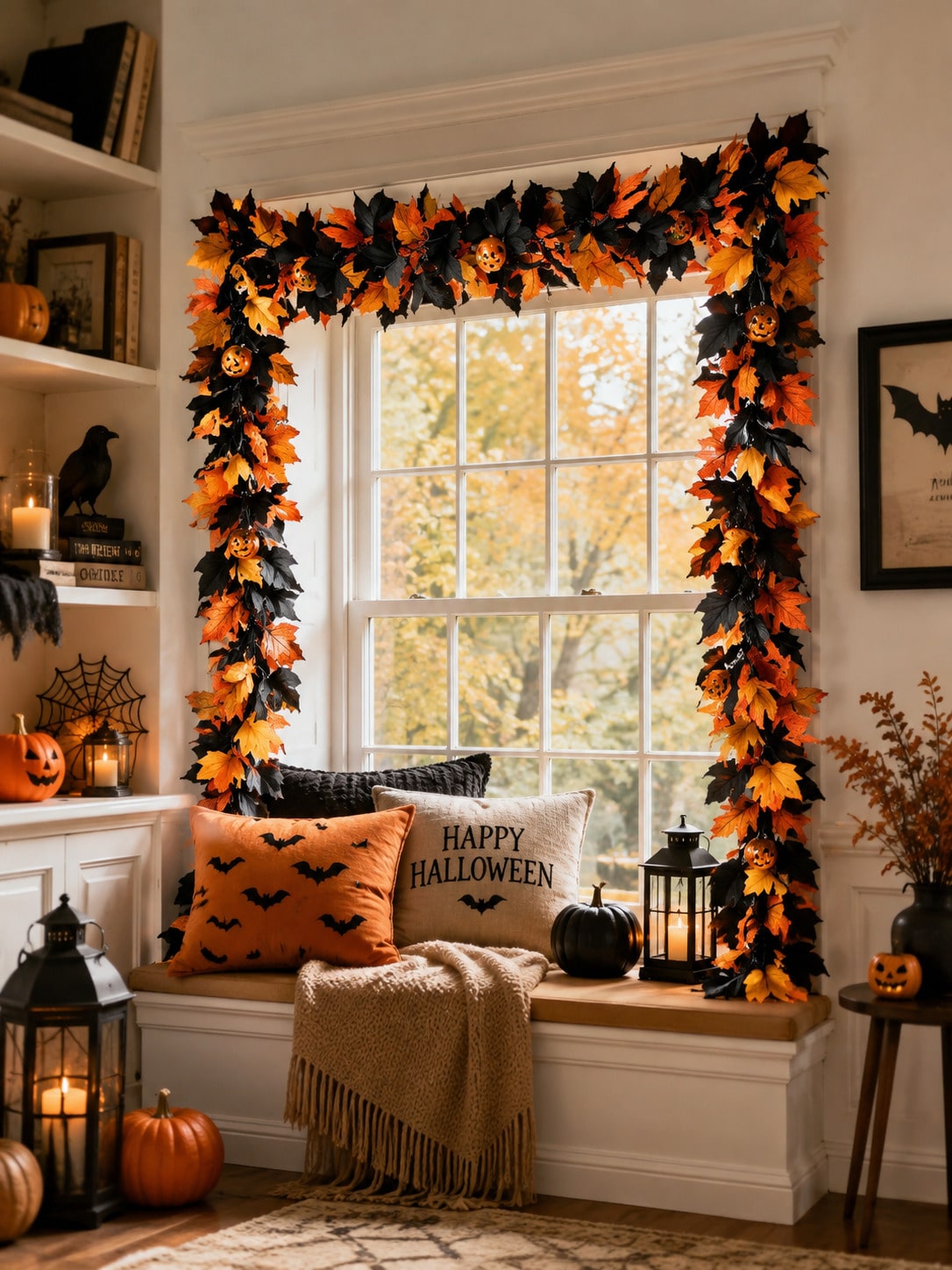 Halloween maple leaf garland framing a living room window
