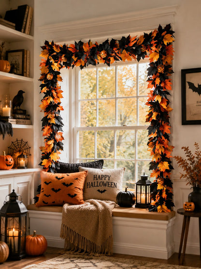 Halloween maple leaf garland framing a living room window