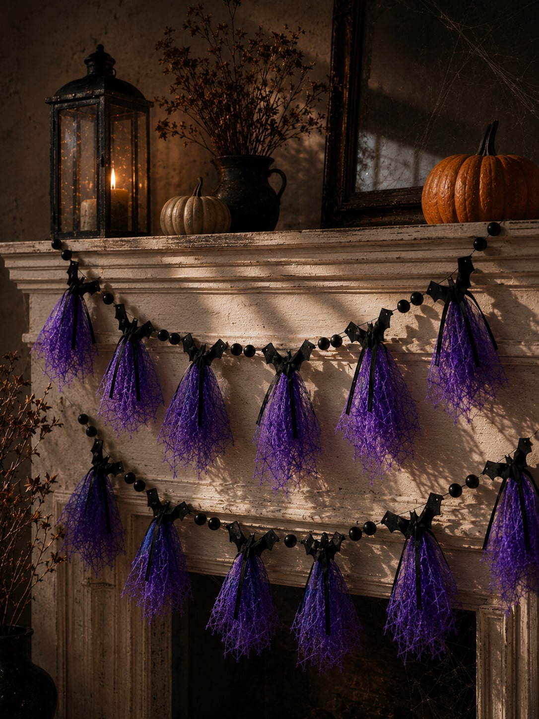 Purple bat Halloween banner doubled on a dark moody wall