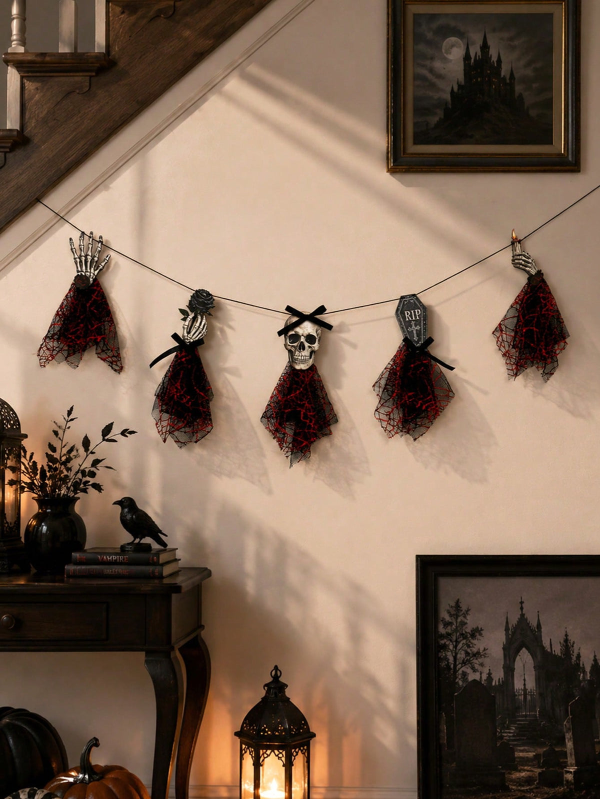 Gothic skeleton Halloween banner on a stairway wall with framed art