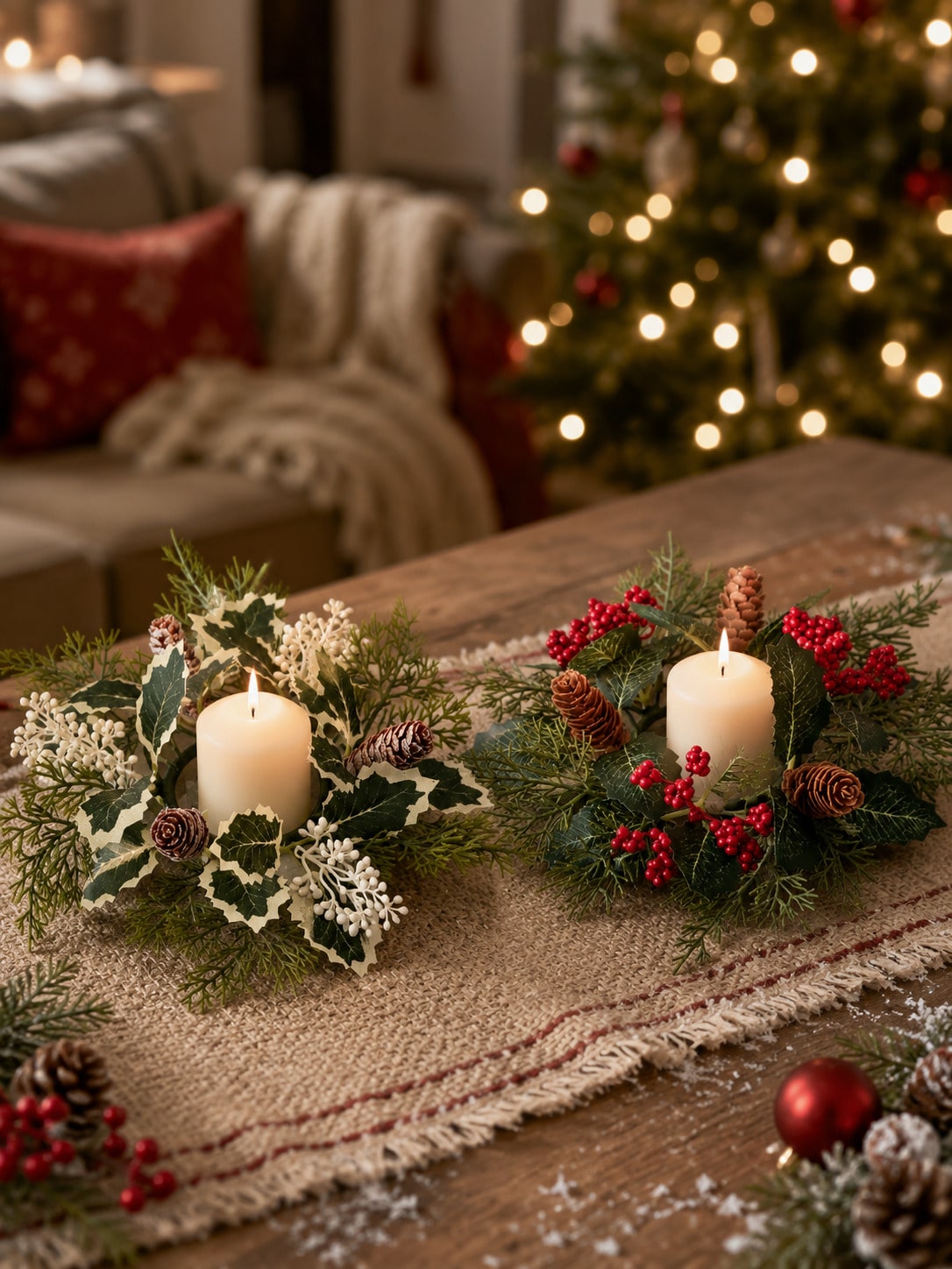 Christmas candle ring wreath pair on a linen runner